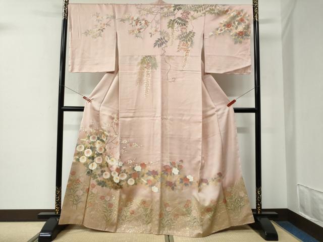 平和屋着物●訪問着 刺繍 草花文 金通し地 正絹 逸品 未使用 CABE2618yc