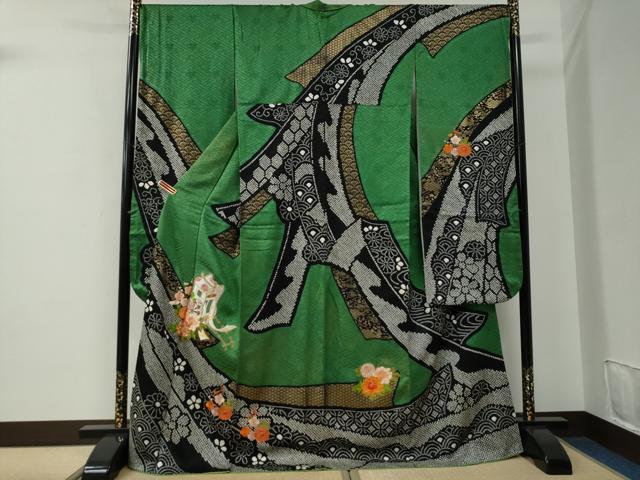 平和屋着物●豪華振袖 駒刺繍 絞り 鬘帯御所車吉祥花文 金彩 正絹 逸品 CABE2678yc