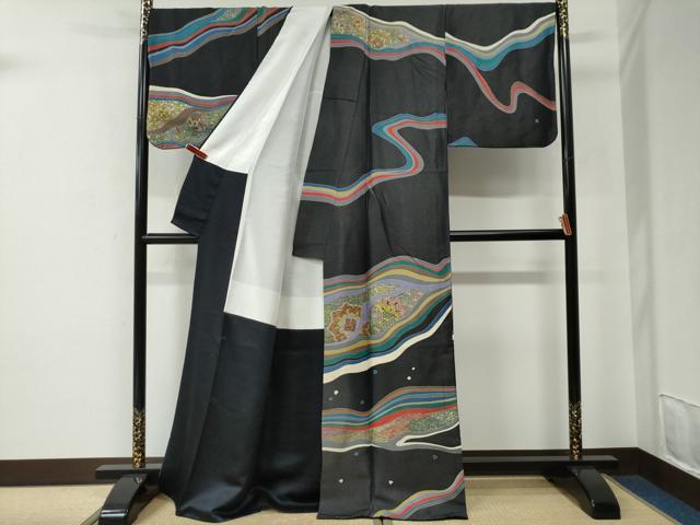 平和屋着物●訪問着 作家物 道長吉祥更紗花文 黒地 銀通し地 正絹 逸品 CABE2679yc