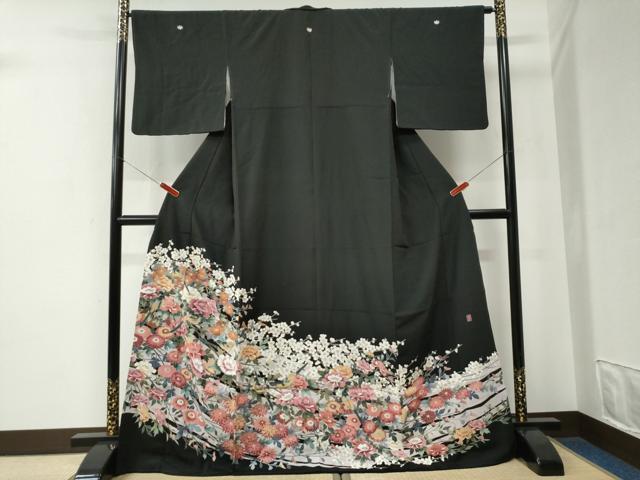 平和屋着物●豪華黒留袖 友禅 作家物 休み鳥枝牡丹花文 ロング丈 正絹 逸品 CABE2693yc