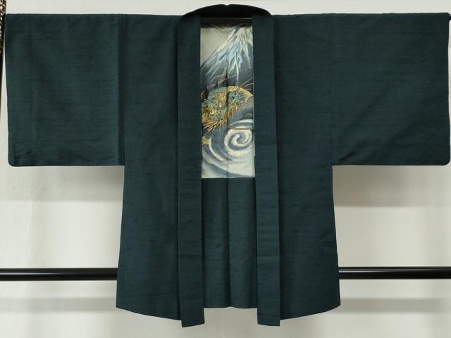 平和屋着物●男性 紬 アンサンブル 色無地 褐返色 羽裏:富士山・鷹 正絹 逸品 CABE2747yc