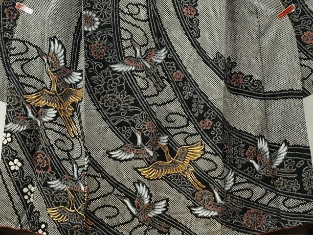 平和屋着物●豪華振袖 総絞り 駒刺繍 飛鶴牡丹花唐草文 黒地 正絹 逸品 CABE2800yc