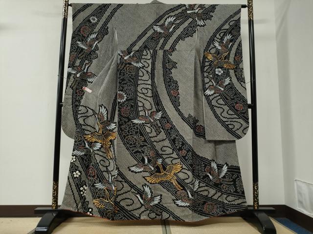 平和屋着物●豪華振袖 総絞り 駒刺繍 飛鶴牡丹花唐草文 黒地 正絹 逸品 CABE2800yc