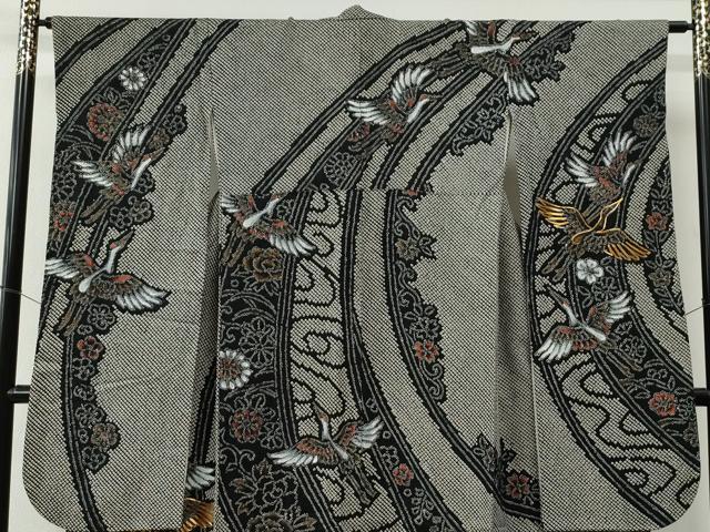 平和屋着物●豪華振袖 総絞り 駒刺繍 飛鶴牡丹花唐草文 黒地 正絹 逸品 CABE2800yc