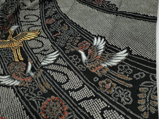 平和屋着物●豪華振袖 総絞り 駒刺繍 飛鶴牡丹花唐草文 黒地 正絹 逸品 CABE2800yc