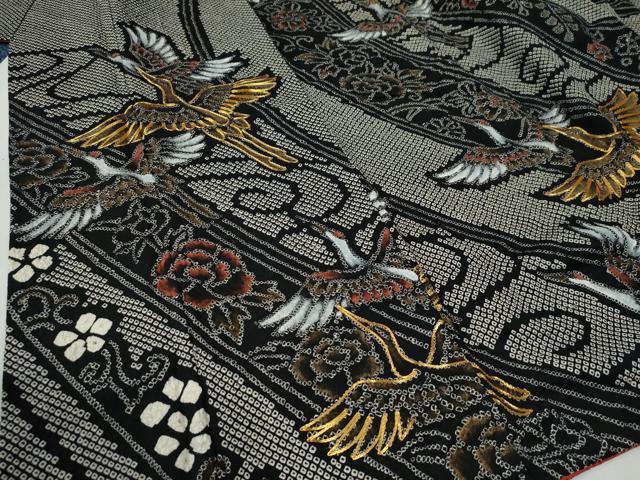 平和屋着物●豪華振袖 総絞り 駒刺繍 飛鶴牡丹花唐草文 黒地 正絹 逸品 CABE2800yc