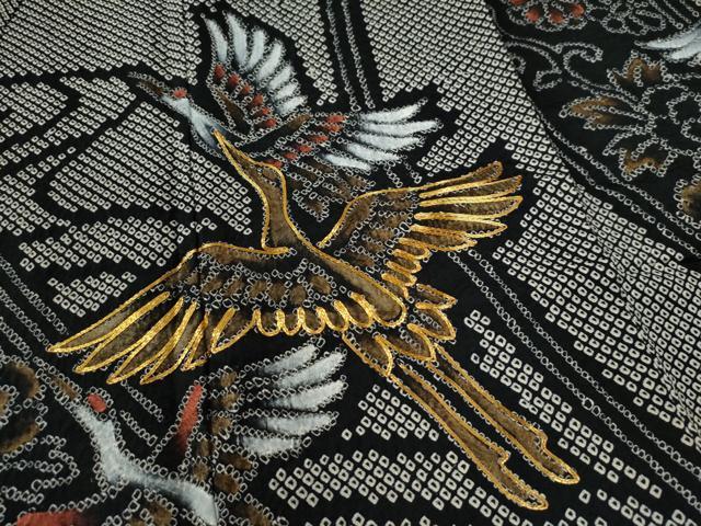 平和屋着物●豪華振袖 総絞り 駒刺繍 飛鶴牡丹花唐草文 黒地 正絹 逸品 CABE2800yc