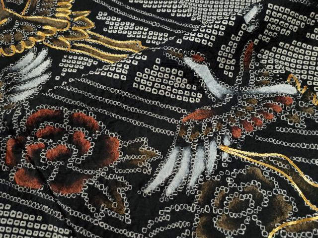 平和屋着物●豪華振袖 総絞り 駒刺繍 飛鶴牡丹花唐草文 黒地 正絹 逸品 CABE2800yc