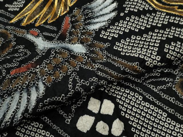 平和屋着物●豪華振袖 総絞り 駒刺繍 飛鶴牡丹花唐草文 黒地 正絹 逸品 CABE2800yc