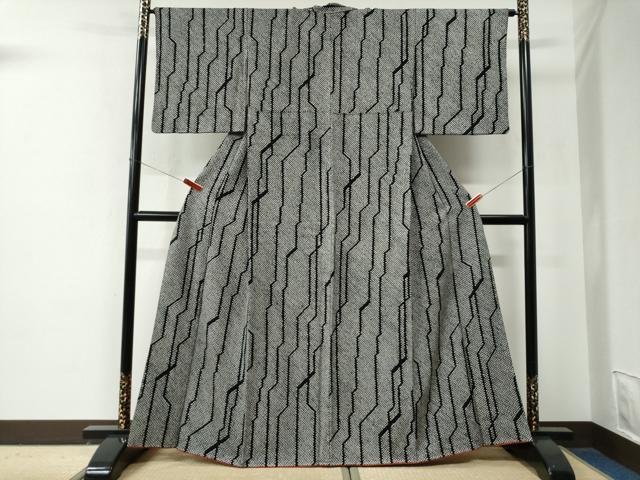 平和屋着物●上質な小紋 総絞り 変わり縞 黒地 正絹 逸品 CABE2814yc