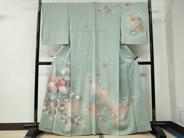平和屋着物●訪問着 作家物 刺繍 鴛鴦草花文 暈し染め 金彩 正絹 逸品 CABE2820yc