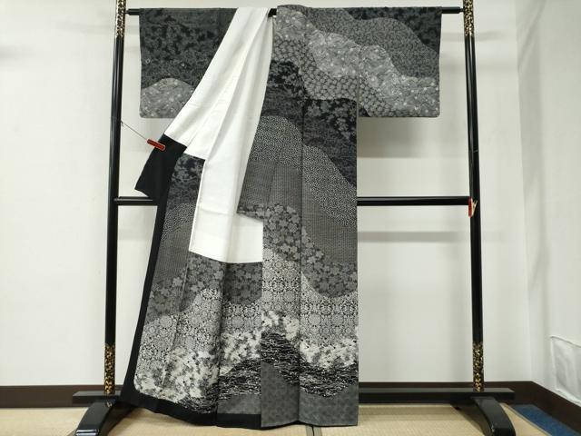 平和屋着物●訪問着 江戸小紋 作家物 立波花鳥唐草文 黒地 正絹 逸品 CABE2969yc