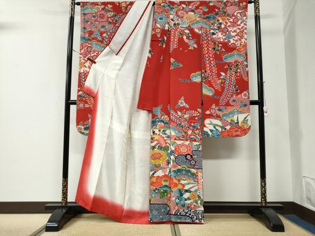 平和屋着物●豪華振袖 型染め 霞吉祥花松文 鬼しぼ縮緬 正絹 逸品 CABE3059yc