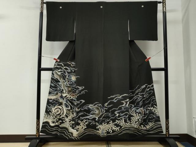 平和屋着物●豪華黒留袖 手描き 刺繍 龍 立波 金彩 正絹 逸品 CABE3060yc