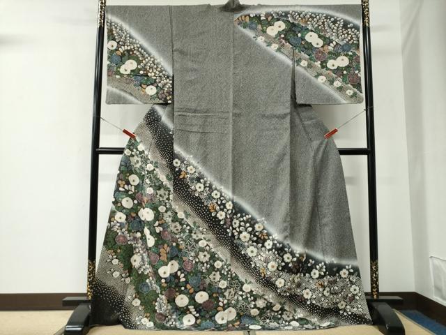 平和屋着物●訪問着 絞り 椿草花文 暈し染め 黒地 金通し地 ロング丈 正絹 逸品 CABE3169yc