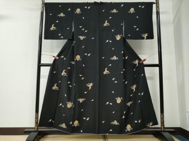 平和屋着物●上質な小紋 フクロウ 月 黒地 正絹 逸品 CABE3181yc