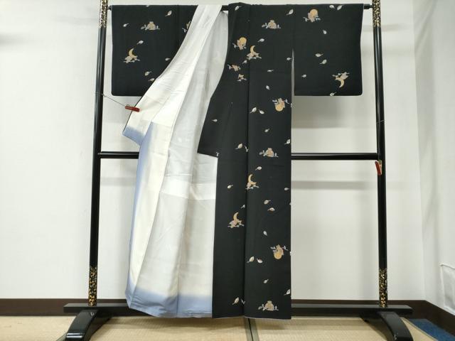 平和屋着物●上質な小紋 フクロウ 月 黒地 正絹 逸品 CABE3181yc