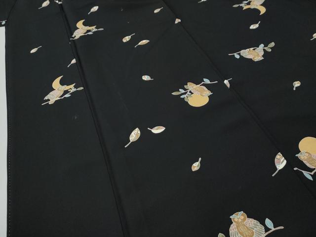 平和屋着物●上質な小紋 フクロウ 月 黒地 正絹 逸品 CABE3181yc