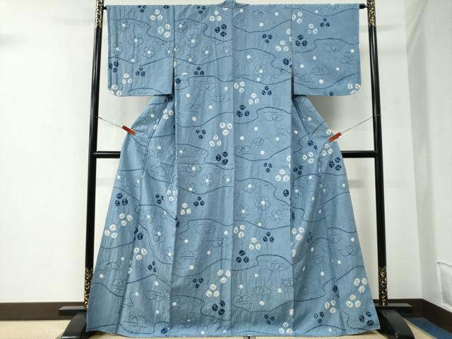 平和屋着物●上質な紬 絞り 藍 舞花文 正絹 逸品 未使用 CABE3192yc