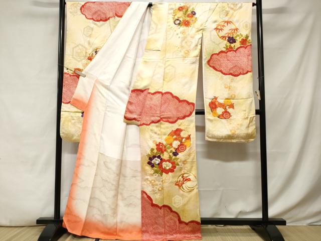平和屋着物■豪華振袖 駒刺繍 雲取り草花丸文 暈し染め 金彩 正絹 逸品 CABE3509ev