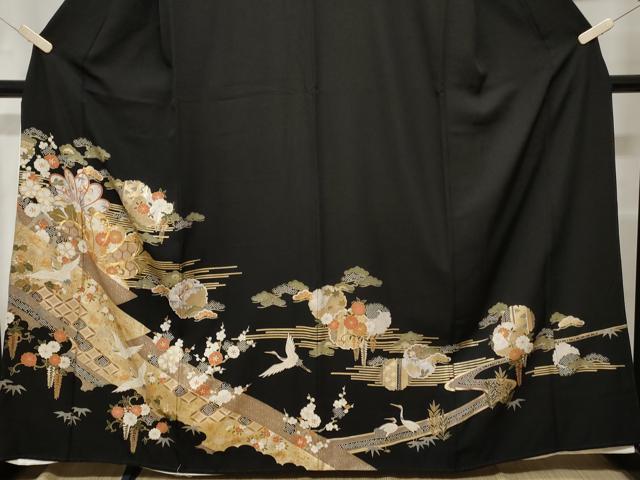 平和屋着物■豪華黒留袖 駒刺繍 雪輪飛鶴松竹梅 金銀彩 正絹 逸品 CABE3542ev