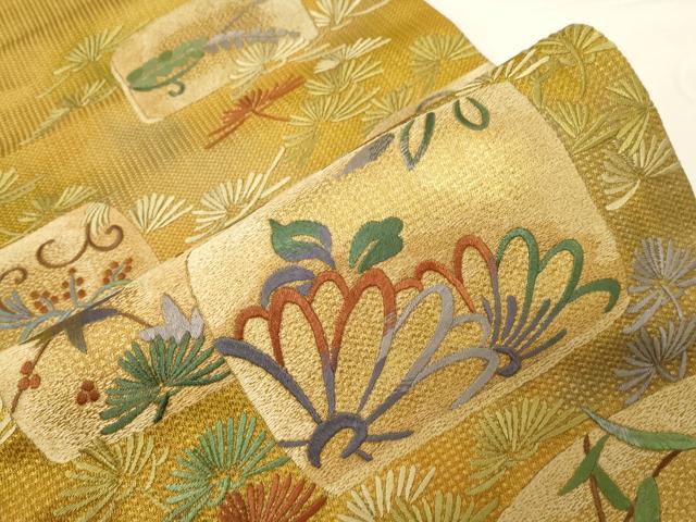 平和屋着物●太鼓柄袋帯 総刺繍 草花文 金通し地 正絹 逸品 CABE3607dy