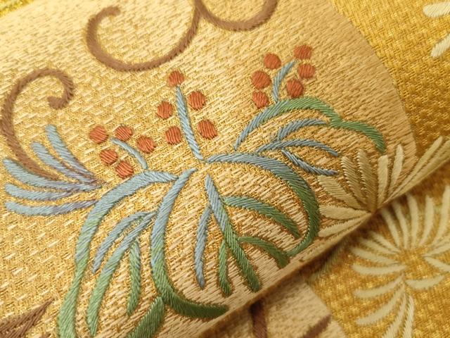 平和屋着物●太鼓柄袋帯 総刺繍 草花文 金通し地 正絹 逸品 CABE3607dy