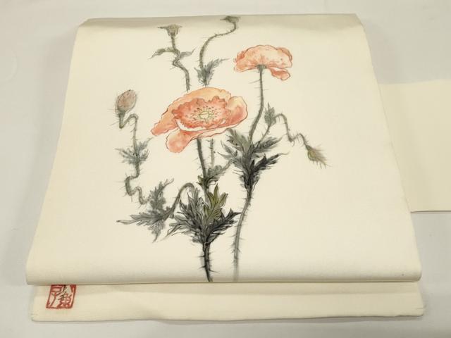 平和屋着物●塩瀬 九寸名古屋帯 作家物 手描き 草花文 正絹 逸品 CABE3649dy