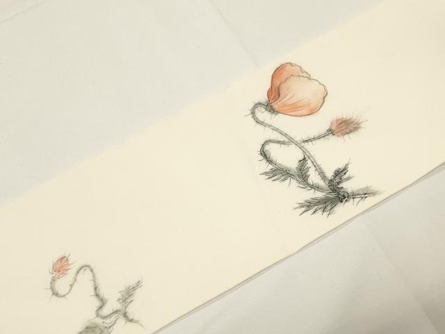 平和屋着物●塩瀬 九寸名古屋帯 作家物 手描き 草花文 正絹 逸品 CABE3649dy