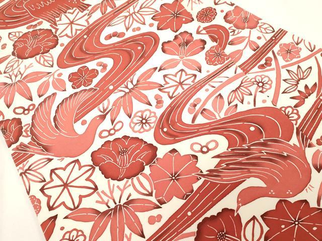 平和屋着物●塩瀬 全通柄九寸名古屋帯 型染め 花鳥文 正絹 逸品 未使用 CABE3687dy