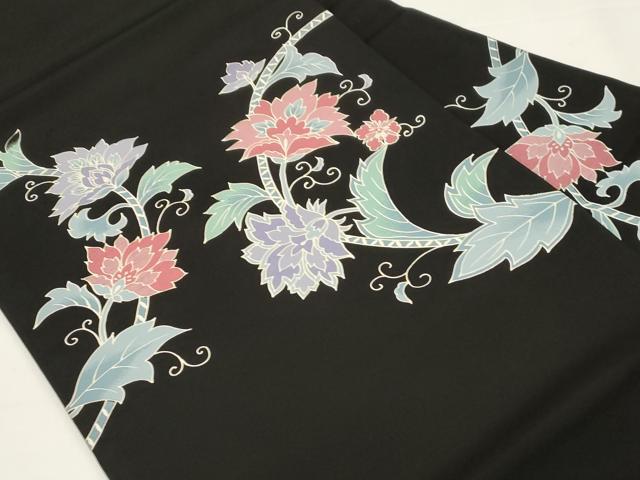 平和屋着物●塩瀬 九寸名古屋帯 型染め 更紗文 黒地 正絹 逸品 CABE3692dy
