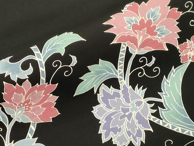平和屋着物●塩瀬 九寸名古屋帯 型染め 更紗文 黒地 正絹 逸品 CABE3692dy