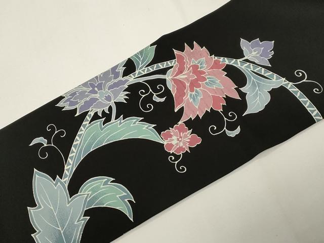 平和屋着物●塩瀬 九寸名古屋帯 型染め 更紗文 黒地 正絹 逸品 CABE3692dy