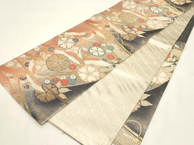 平和屋着物◎佐賀錦 両面 六通柄袋帯 唐織 飛鶴舞花文 金銀糸 正絹 逸品 CABE3988dy