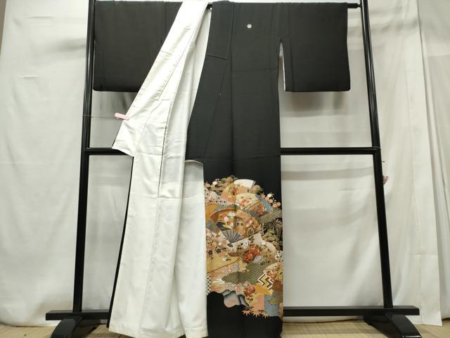 平和屋着物■豪華黒留袖 駒刺繍 扇面吉祥花文 金銀彩 正絹 逸品 CABE4018ou