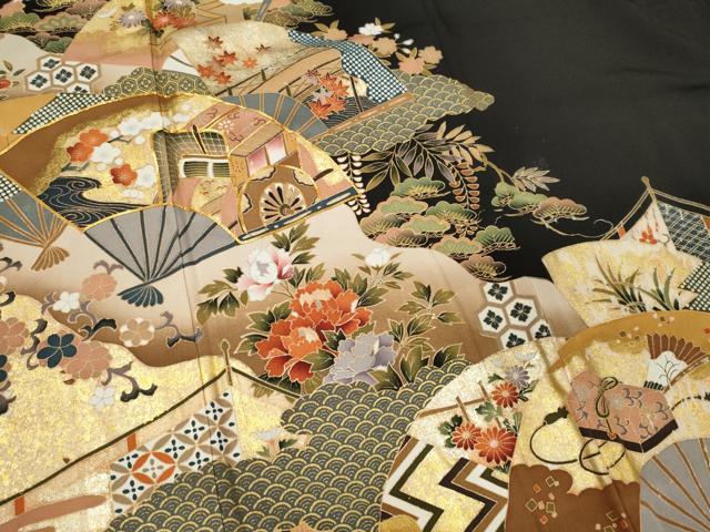 平和屋着物■豪華黒留袖 駒刺繍 扇面吉祥花文 金銀彩 正絹 逸品 CABE4018ou