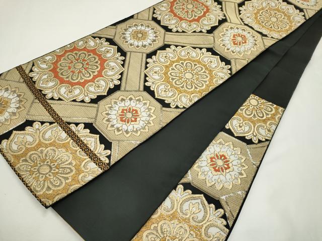 平和屋着物◎六通柄 本袋帯 唐織 正倉院花文 黒地 金糸 正絹 逸品 CABE4339ou