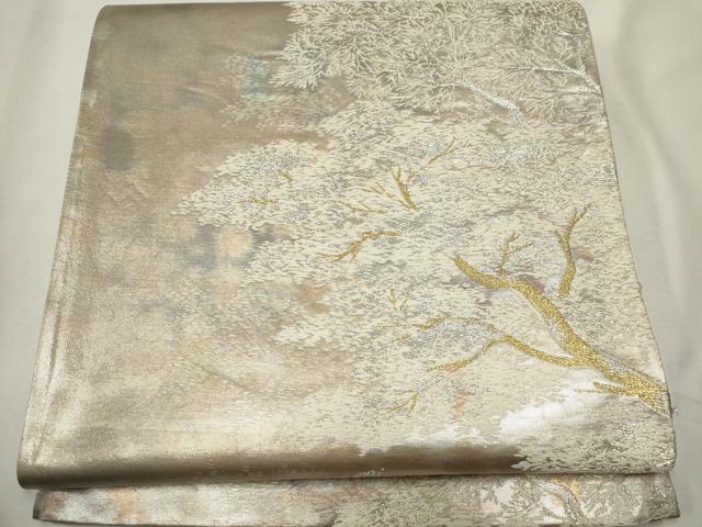 平和屋着物●六通柄袋帯　すくい織　枝葉文　銀糸　正絹　逸品　DABB3163cm 平和屋着物◎六通柄袋帯 枝葉文 金銀糸 正絹 逸品 CABE4380ou