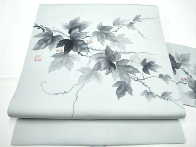平和屋着物●塩瀬 九寸名古屋帯 作家物 手描き 葡萄蔦の葉文 正絹 逸品 CABE4488hy