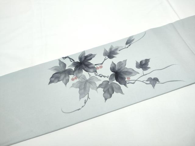 平和屋着物●塩瀬 九寸名古屋帯 作家物 手描き 葡萄蔦の葉文 正絹 逸品 CABE4488hy