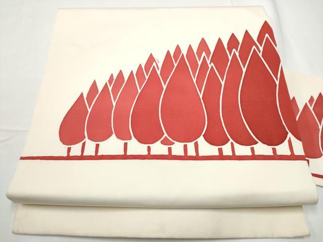 平和屋着物●塩瀬 九寸名古屋帯 型染め 樹林文 正絹 逸品 CABE4497hy