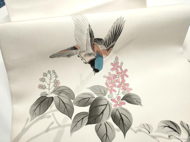 平和屋着物●塩瀬 九寸名古屋帯 作家物 手描き 休み鳥枝花文 正絹 逸品 CABE4511hy