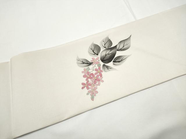 平和屋着物●塩瀬 九寸名古屋帯 作家物 手描き 休み鳥枝花文 正絹 逸品 CABE4511hy