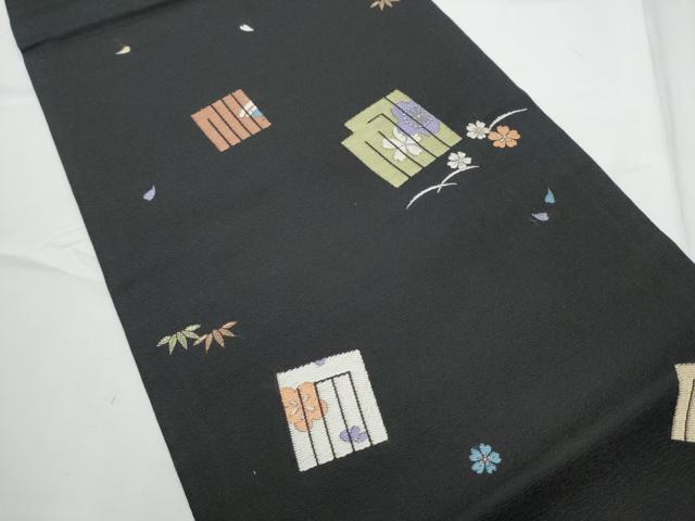 平和屋着物●九寸開き名古屋帯 唐織 源氏香花文 黒地 正絹 逸品 CABE4512hy