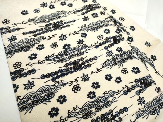 平和屋着物●九寸名古屋帯 本藍 型染め 流水花文 鬼しぼ縮緬 逸品 CABE4513hy