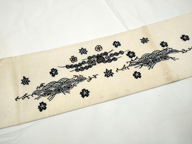 平和屋着物●九寸名古屋帯 本藍 型染め 流水花文 鬼しぼ縮緬 逸品 CABE4513hy