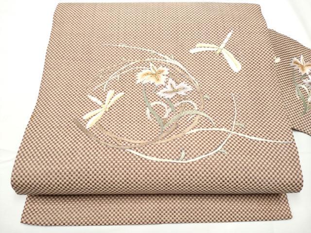 平和屋着物●九寸名古屋帯 総刺繍 トンボ 花丸文 金糸 正絹 逸品 CABE4545hy