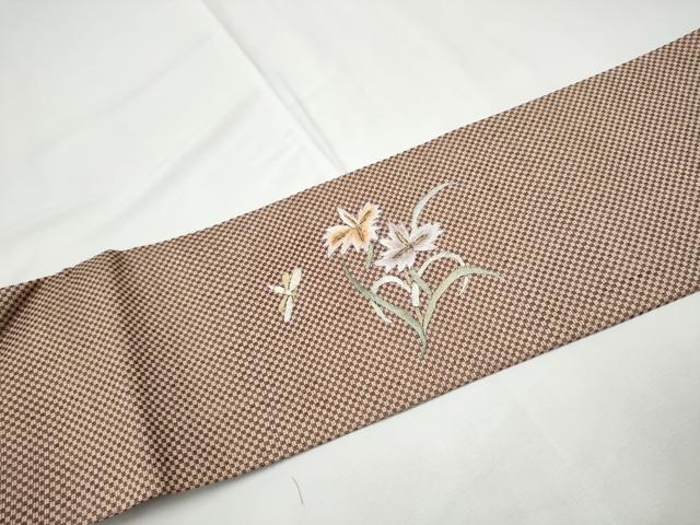 平和屋着物●九寸名古屋帯 総刺繍 トンボ 花丸文 金糸 正絹 逸品 CABE4545hy