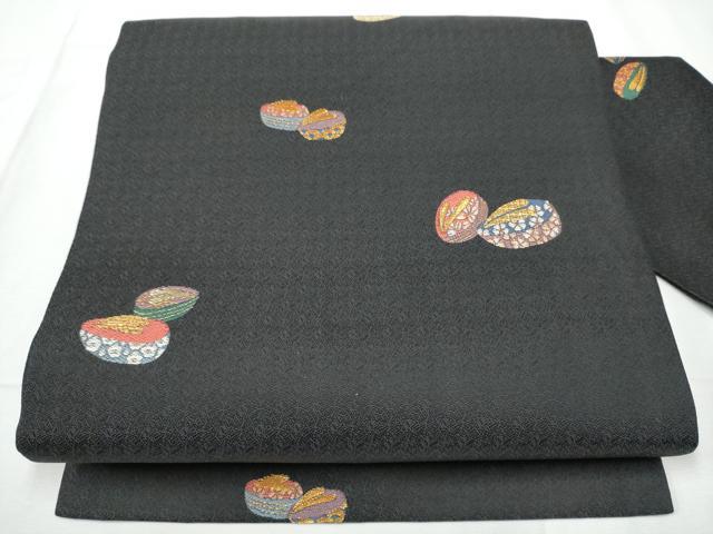 平和屋着物●九寸名古屋帯 唐織 京こばな 黒地 金糸 正絹 逸品 CABE4547hy