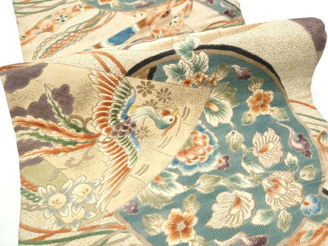 平和屋着物●アンティーク 大正ロマン 丸帯 鳳凰 唐獅子花文 金糸 引き抜き帯 正絹 逸品 CABE4563hy